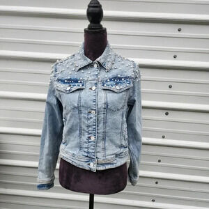 Urban Closet Women's Jewel Beaded Stretch Denim Jacket Crop Light Wash Sz S
